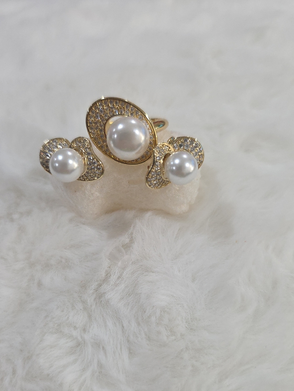 Elegant 14k Gold Plated Pearl & Crystal Ring - White Pearl Accent